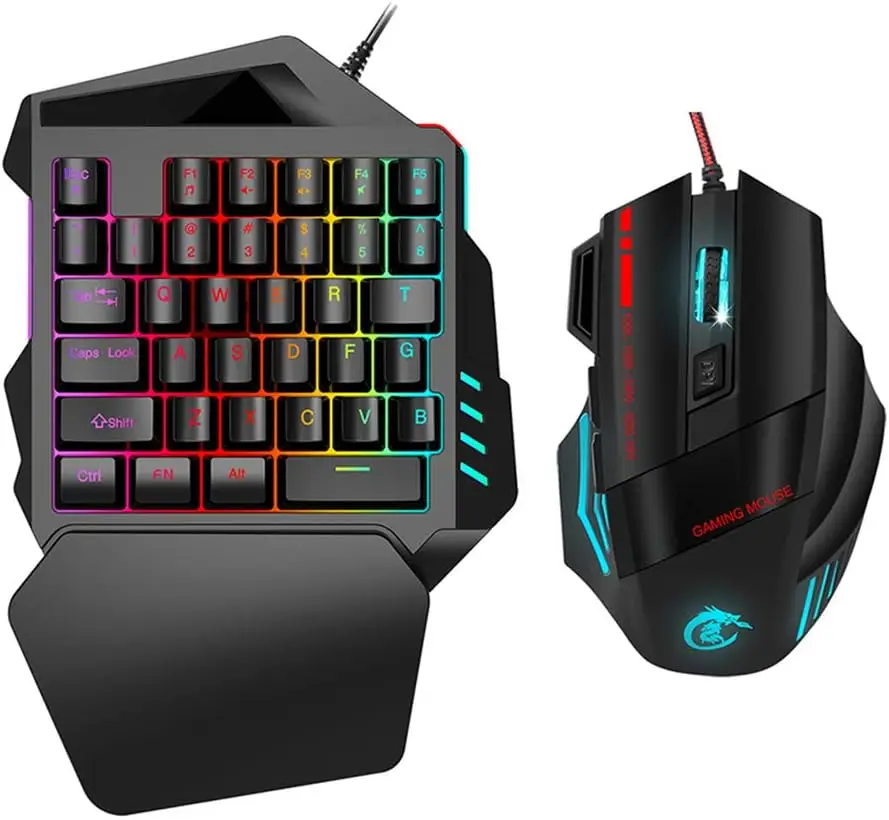 

One Hand RGB Gaming Keyboard and Mouse Combo, USB Wired RGB Rainbow Letters Backlit Single Hand Mechanical Keyboard with Wrist