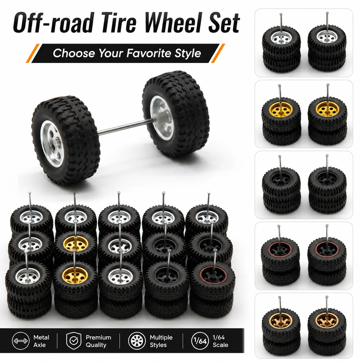 X-Scale 1/64 Alloy Car Modification Off Road Wheels 14mm&17mm Rubber Tires Set with Axle for SUV Truck Model Car DIY Accessories