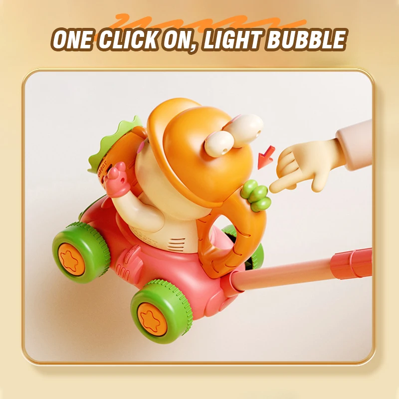 Carrello per macchina per bolle di coniglio di rapa per bambini Spinta con bolle leggere Sapone che soffia giocattoli per bambini all'aperto per feste per regali per bambini