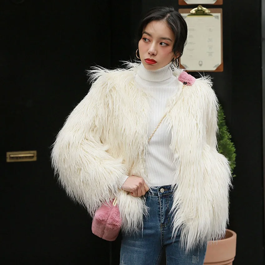 Big Size Fluffy Fur Coat Luxury Design Furry Faux Beach Sheep Fur Jacket Fashion Lamb Shaggy Coat Warm Long Sleeve Streetwear