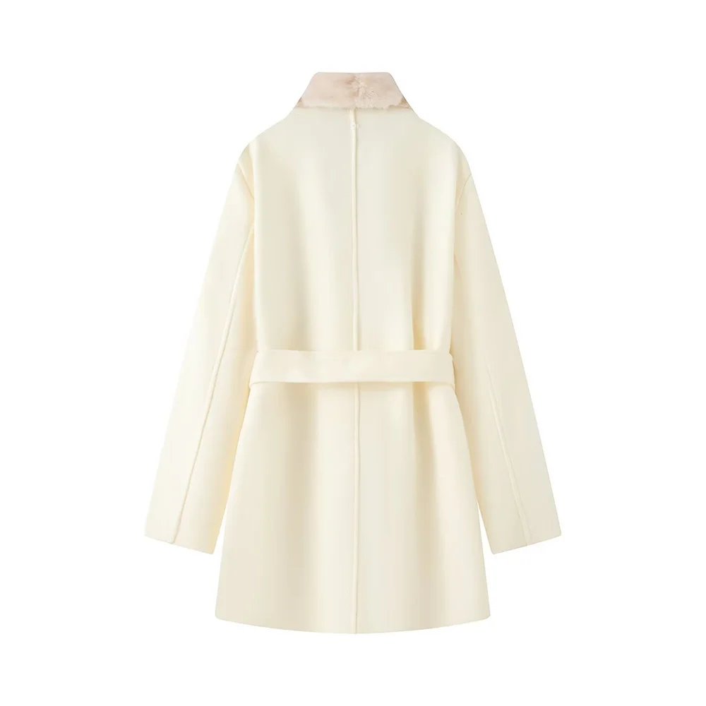 New autumn and winter women's clothing with belt temperament imitation fur fur collar medium long woolen coat jacket