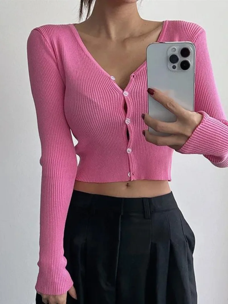 2024 Autumn/winter Korean Version New V-neck Single Breasted Long Sleeve Cardigan Women Cinching Waist Solid Slim Short Top 48UZ
