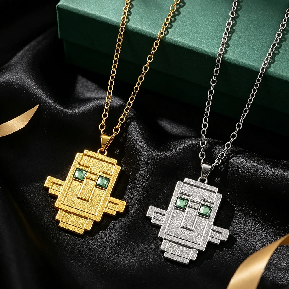 Cute Pixel Robot Pendant Necklace, Gold & Silver Color Robot Necklace with Green Crystal Eyes, Game Inspired Unisex Jewelry