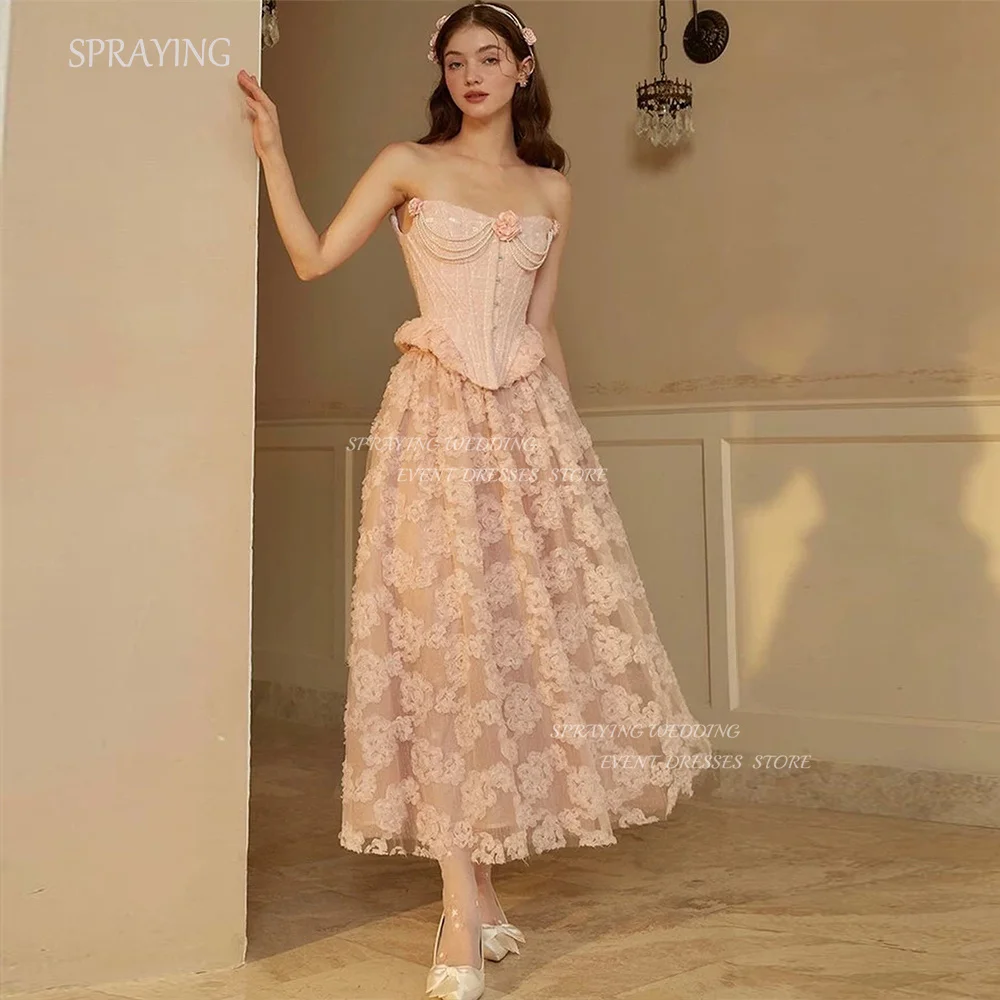 SPRAYING Luxury Prom Gown A-line Strapless Floral Lace Evening Dresses Tea-Length Gorgeous Party Gown Customized Sleeveless