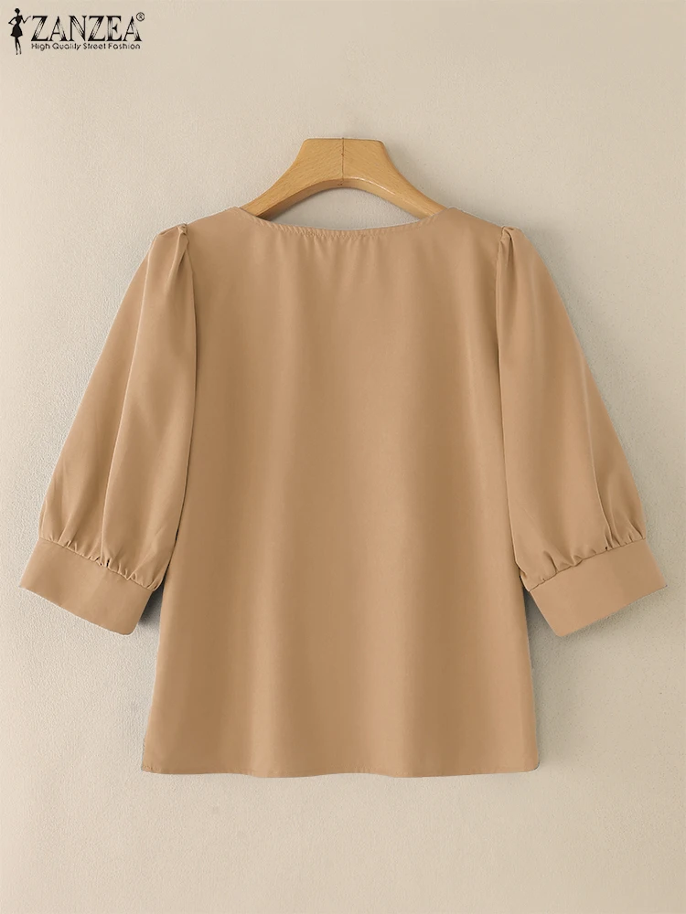 ZANZEA Vrouw Kant Patchwork Blouses Elegante Vierkante Hals 3/4 Bladerdeeg Mouw Casual Blusas Mujer 2025 Herfst Mode Effen Kleur Tops