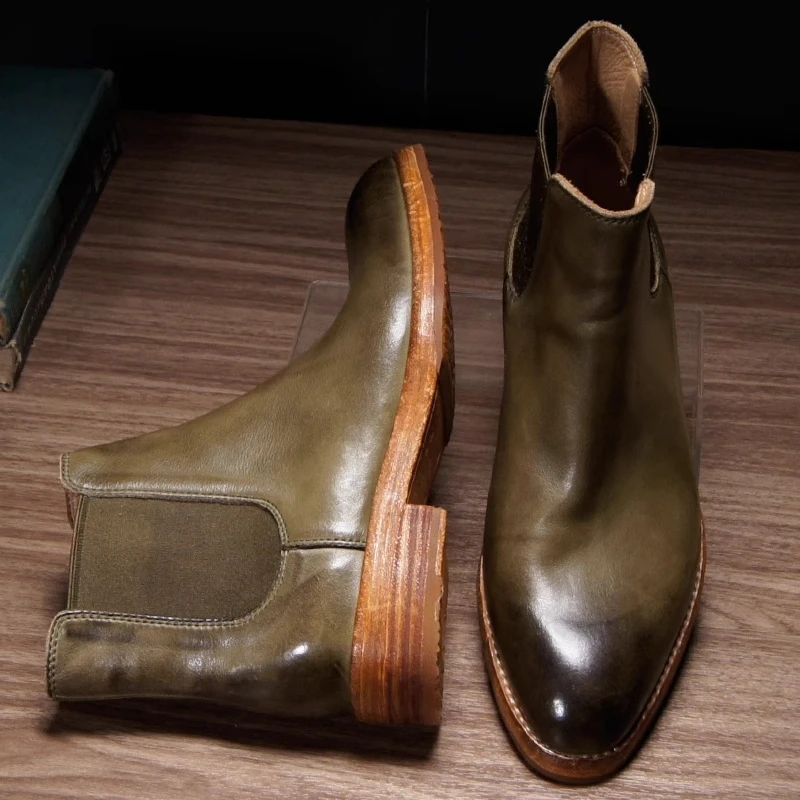 

Handmade Cowhide Chelsea Boots Men Work Shoes Business Retro Pointed Toe Ankle Boots