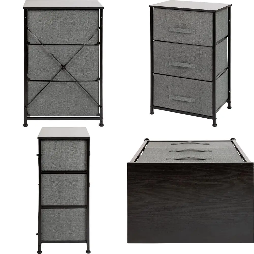 

Тумба для хранения с 3 ящиками - черная, из чугуна и дерева, с серыми тканевыми выдвижными ящиками.