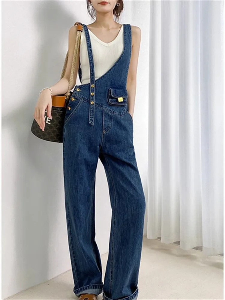 

New Fashion Slouchy Baggy Jeans Women Clothes Ladies Streetwear Asymmetry Blue High Waisted Wide Legs Pocket Denim Strap Pants