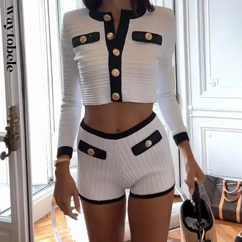 Waytobele Two Piece Set Women Autumn Fashion Long Sleeve Round Neck Patchwork Single Breasted Button High Waist Top Short Sets