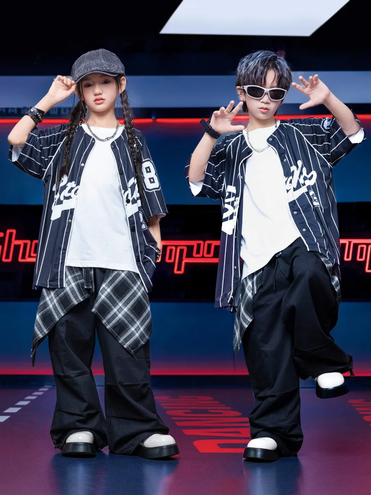 Kid Kpop Hip Hop Clothing Black Striped Baseball Cardigan Shirt Casual Parachute Cargo Pants for Girl Boy Dance Costumes Clothes