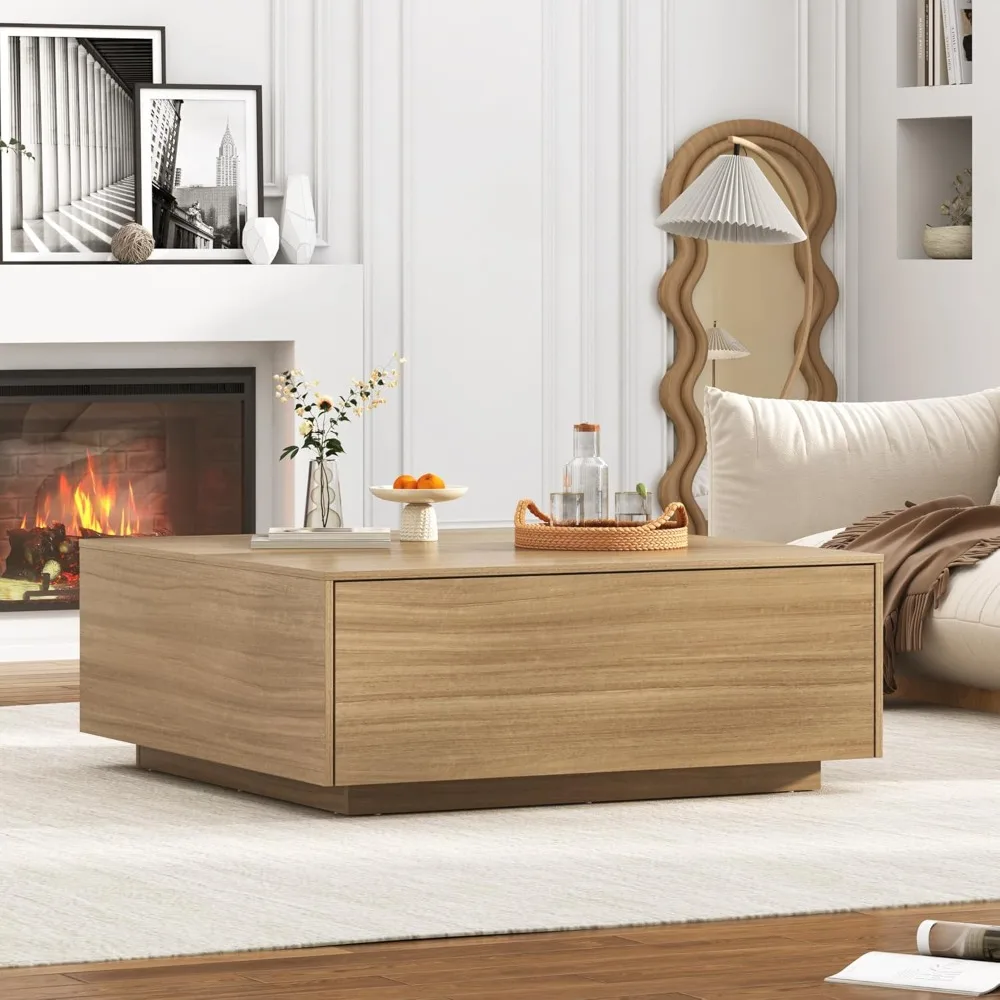 Modern Large Square Coffee Table with Storage, 2 Drawers, Light Wood for Living Room