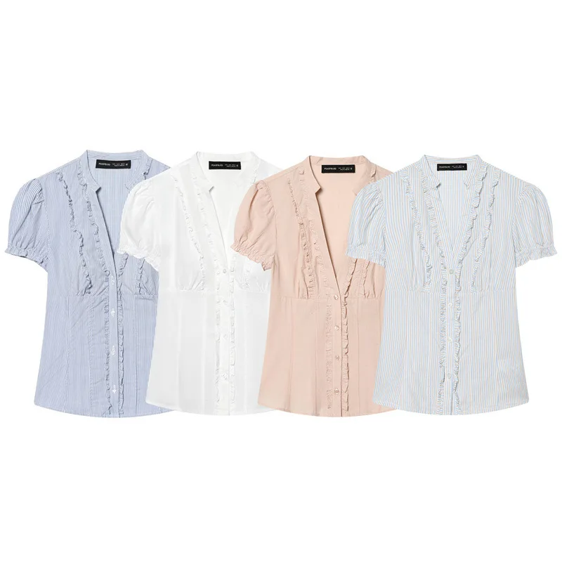 

Women Blue White Striped Blouse Ruffle Trim V Neck Shirt Puff Short Sleeve Button Top Casual Office T-Shirt Casual Loose Clothes