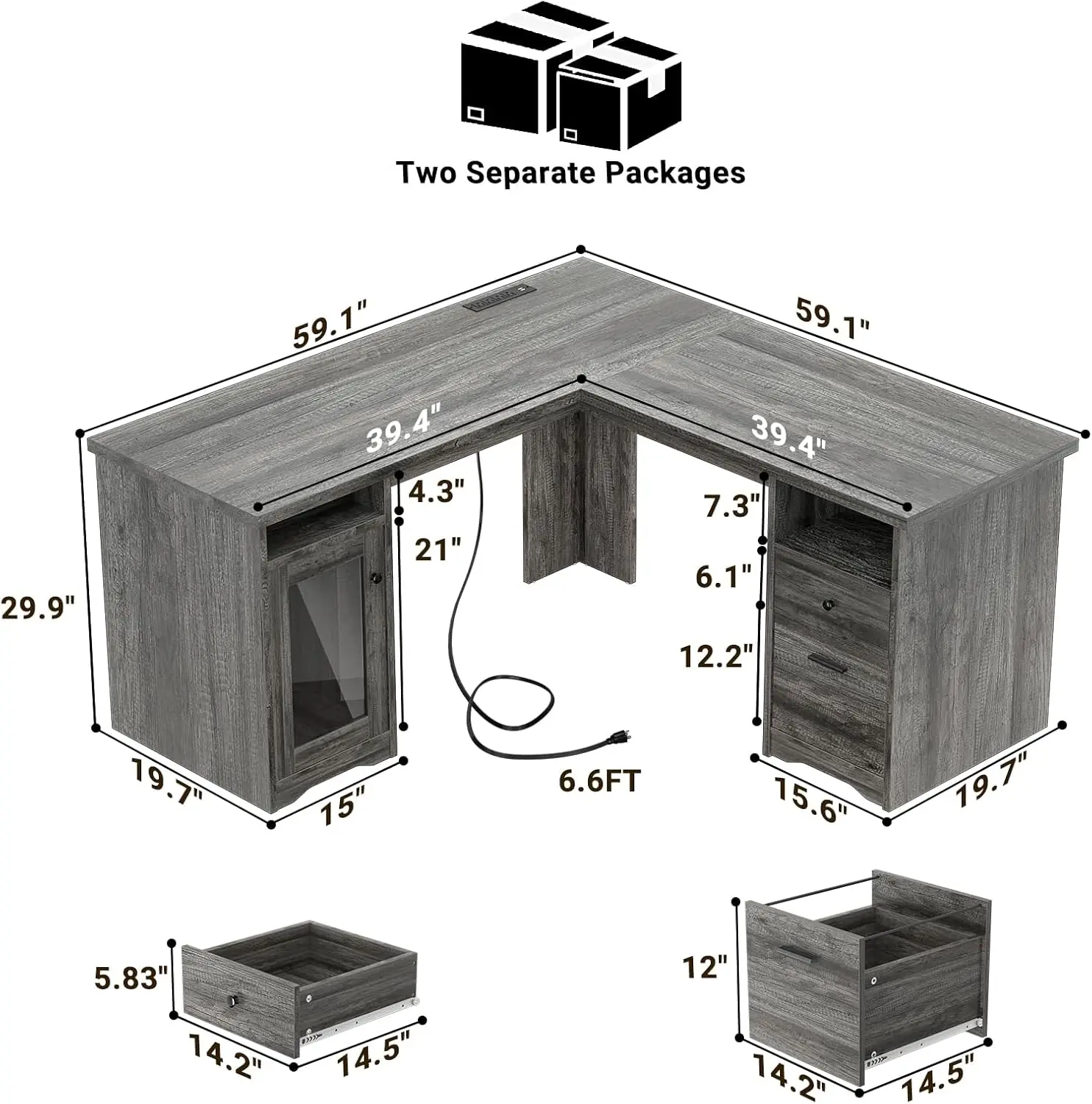 Unikito L Shaped Secretária com gavetas, Mesas de Computador, Porta de carregamento USB, Tomada, Grande Casa 2 Pessoa, 60 "Canto