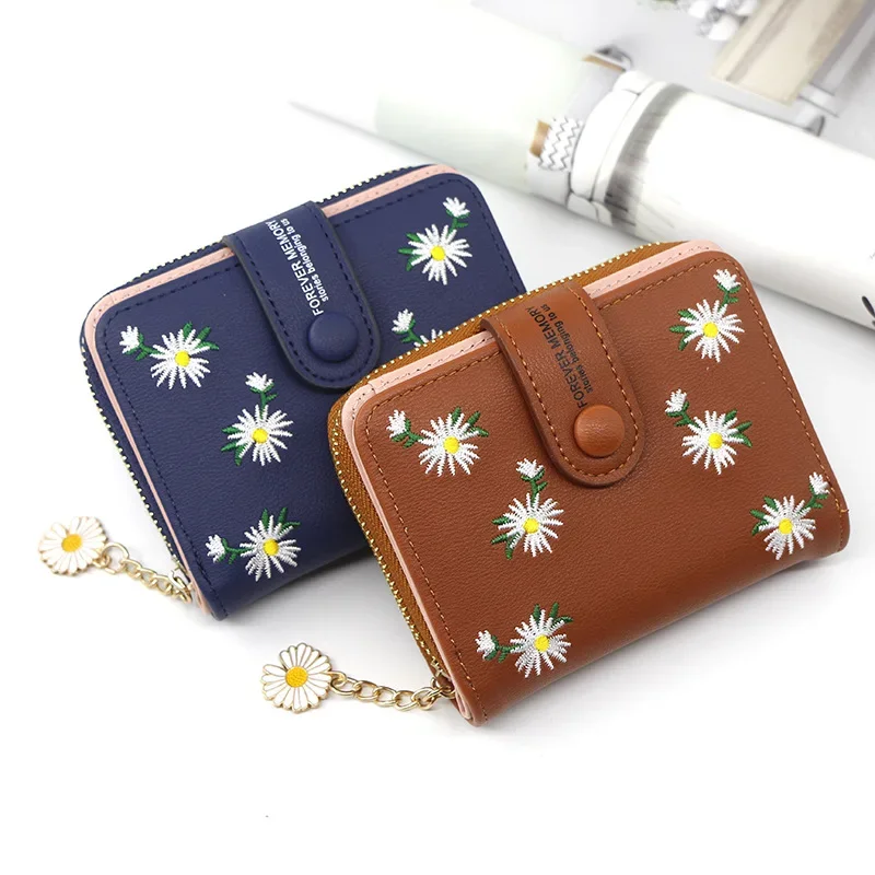 New Women Short Wallet With Coin Pocket Leather Female Flower Purse Ladies Card Holder Fashion Woman Small Zipper Clutch Bag