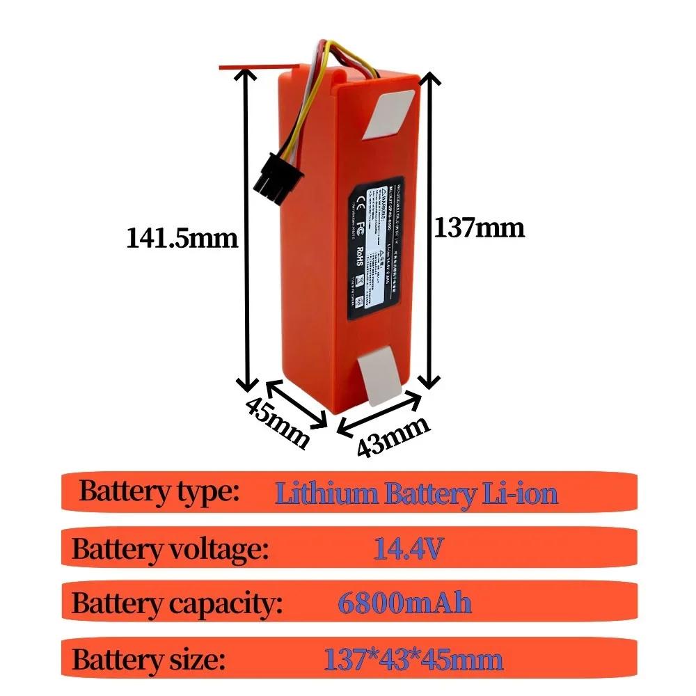 14.4V 6800mAh Rechargeable Li-ion Battery Pack For Xiaomi Mijia1S Roborocks S50-55 S5 Max S6 S7 Sweeping Robot Battery