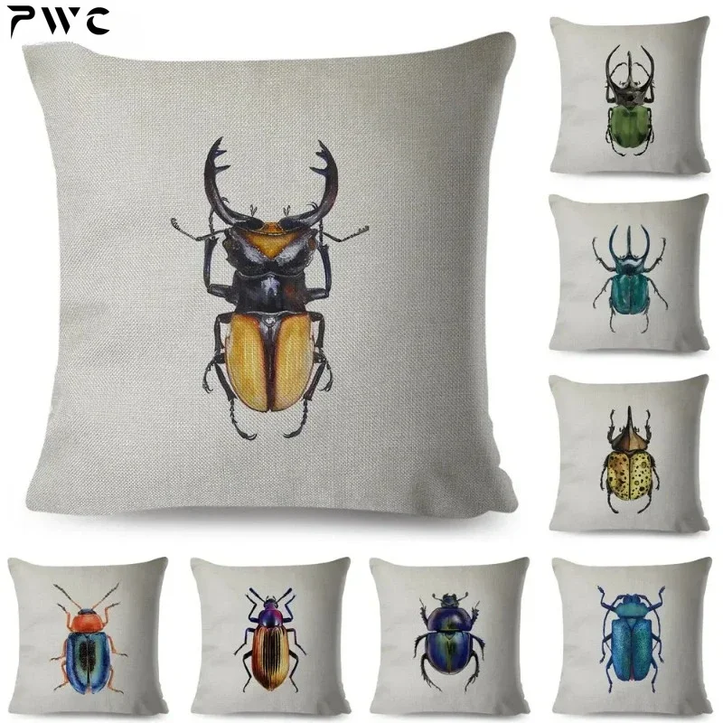 Insect Beetle Collection  Pillow Case Both Sided Decor Cartoon Animal Print Cushion Cover Retro Pillowcase for Sofa Home Car