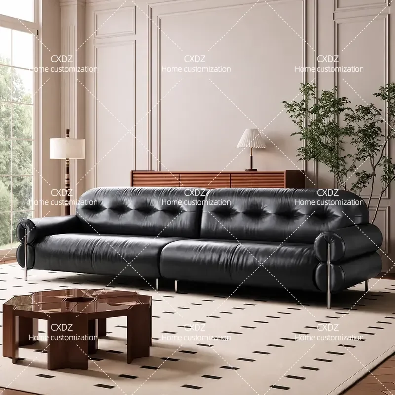 Black Leather Retro Sofa Living Room 2024 New First Layer Cowhide Small Apartment Light Luxury Straight Row Sofa