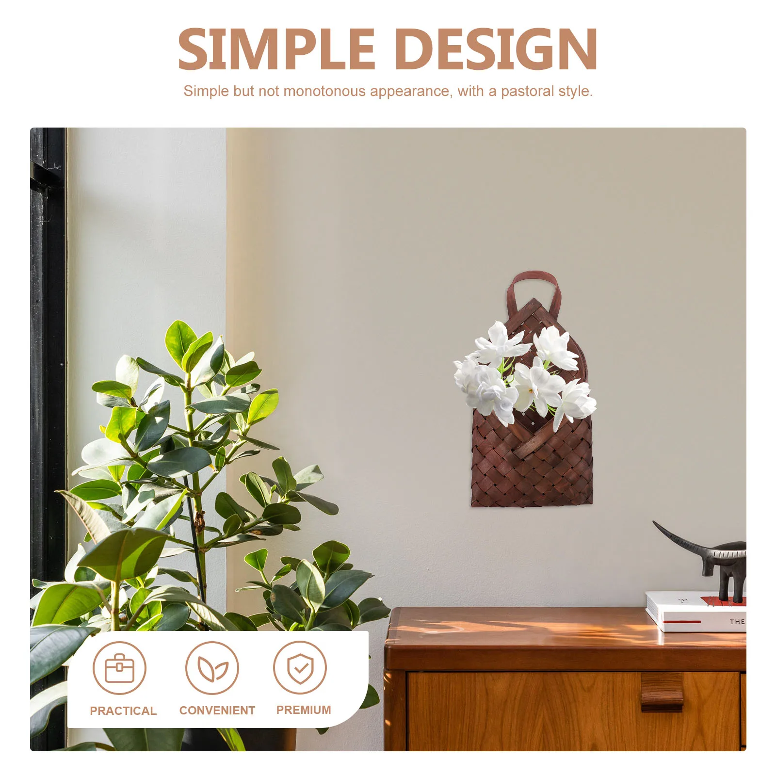 

Wall Storage Hanging Basket Kitchen Weaving Decoration Home for Flowers Woven Baskets Wooden Vintage
