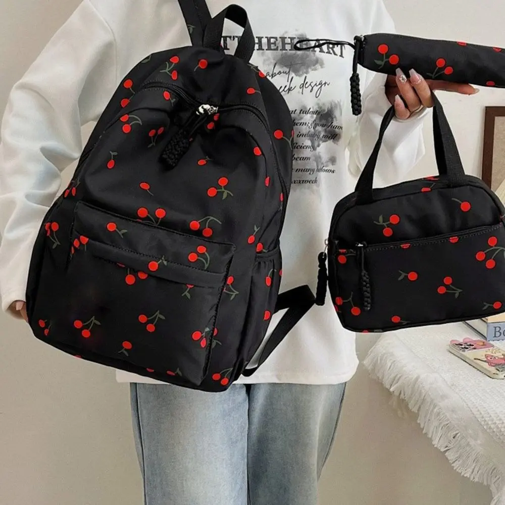 3Pcs/Set Oxford Cloth Cherry Backpack Preppy Style Large Capacity School Bag with Lunch Bag & Pencil Case Adjustable