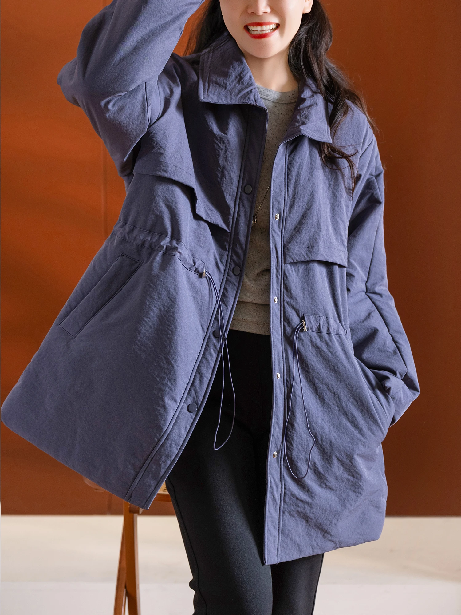 

Loose Fit Cotton Blend Coat with Rope Dstring Collar Women's Faionable Commute Sle Regular Sve Long Sve Coat