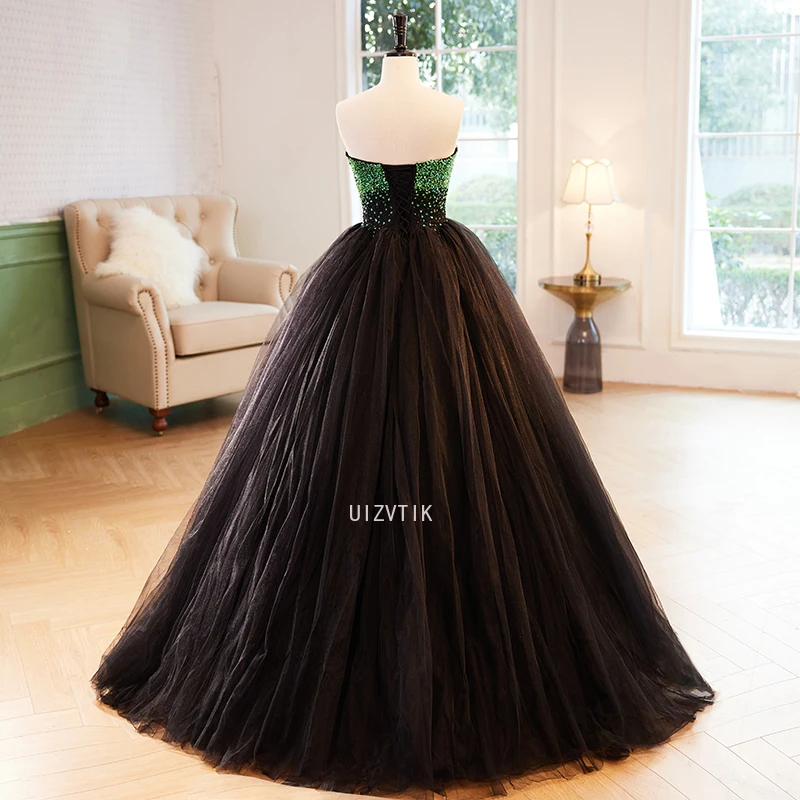 Galajurk Dames Zwart met groene kristallen kralen Strapless Jurken voor speciale gelegenheden Op maat gemaakte formele avondjurken voor galafeesten