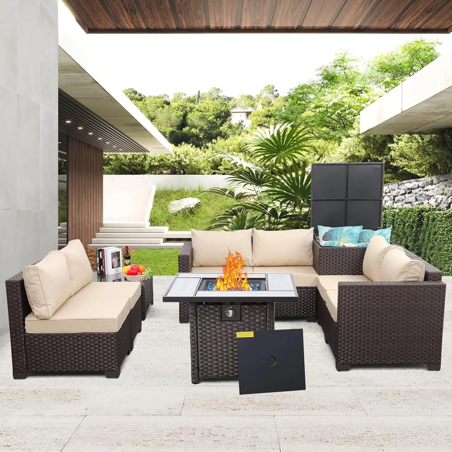 

Patio Furniture Set Wicker 7 Piece Outdoor Brown Rattan Sectional Loveseat Couch Conversation Sofa with Storage Box Glass Top