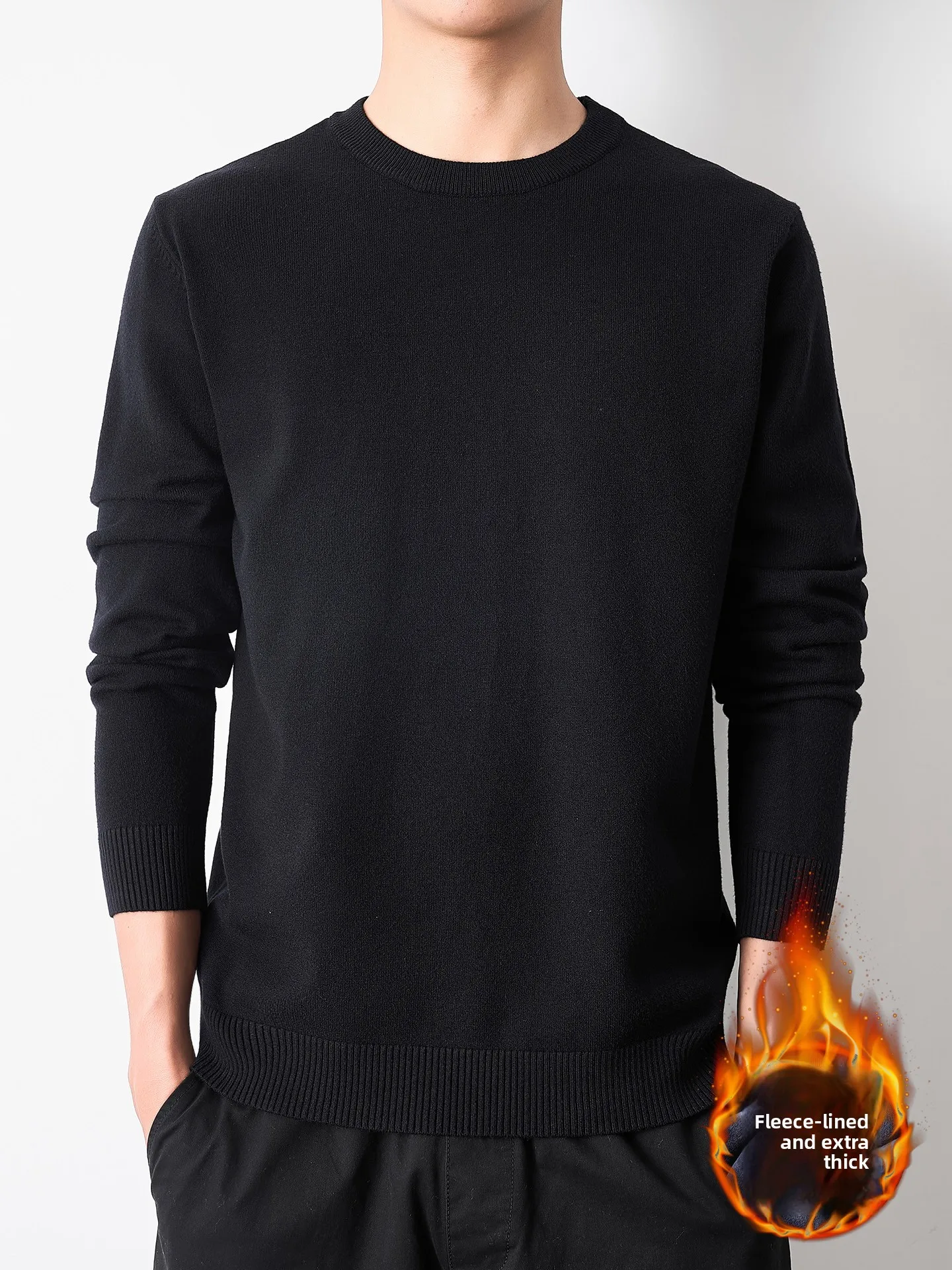 

Men's round Ne Knitted Sweater Fce Lined Thiened Casual Loose Inner Wear Winter Faion Ci Sle ort Length Overhead