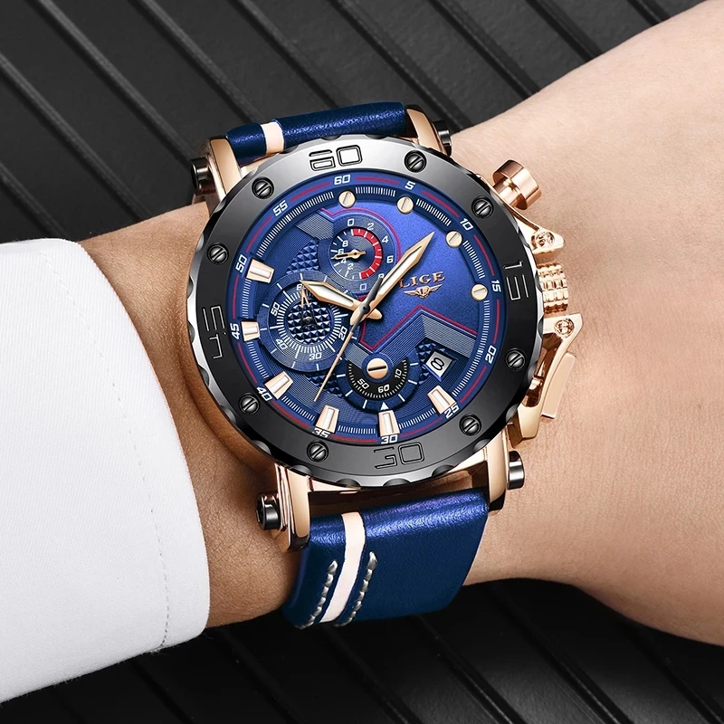 LIGE Fashion Mens Watches Top Luxury Brand Waterproof Sport Wrist Watch Chronograph Quartz Military Leather Relogio Masculino