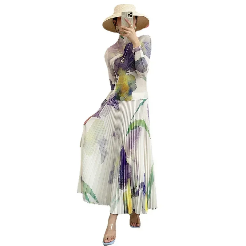 2025 Autunno Nuove Donne Set Retro Stampato Girocollo Manica Lunga T-Shirt A Vita Alta Casual Pieghevole Mezza Gonna Femminile 2 Pezzi Set