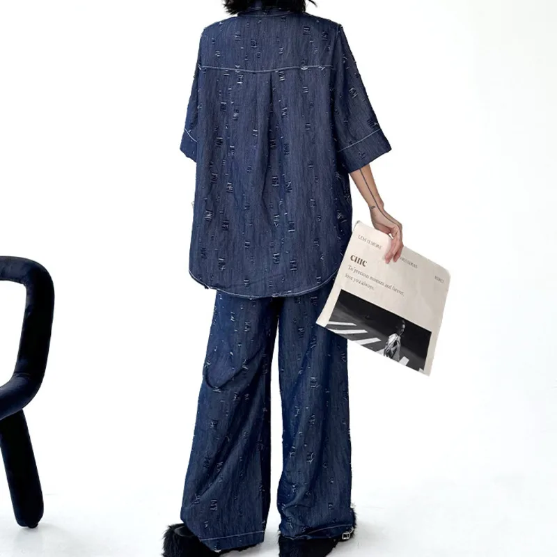 HKSH Women Chic Set Short Sleeves Single Breasted Shirt Distressed Denim Pants Elastic Waisted Streetwear Wide Leg Jeans HK21557