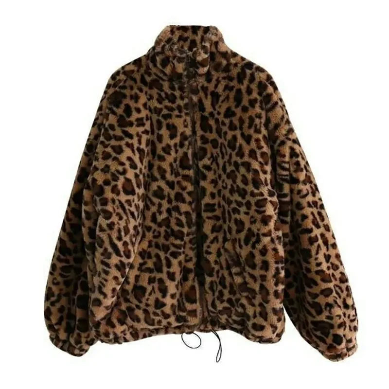 Damska kurtka w panterkę ze stójką, ciepłe parki, koreańska odzież wierzchnia, luźne płaszcze ze sztucznego futra, kobieta, jesień, zima, nowość,