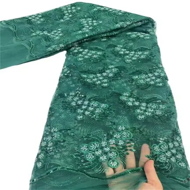 

Green Luxurious Nigerian Handmade Beads Lace Fabric High Quality Sequins Beaded Embroidery African French Lace Fabric For Dress