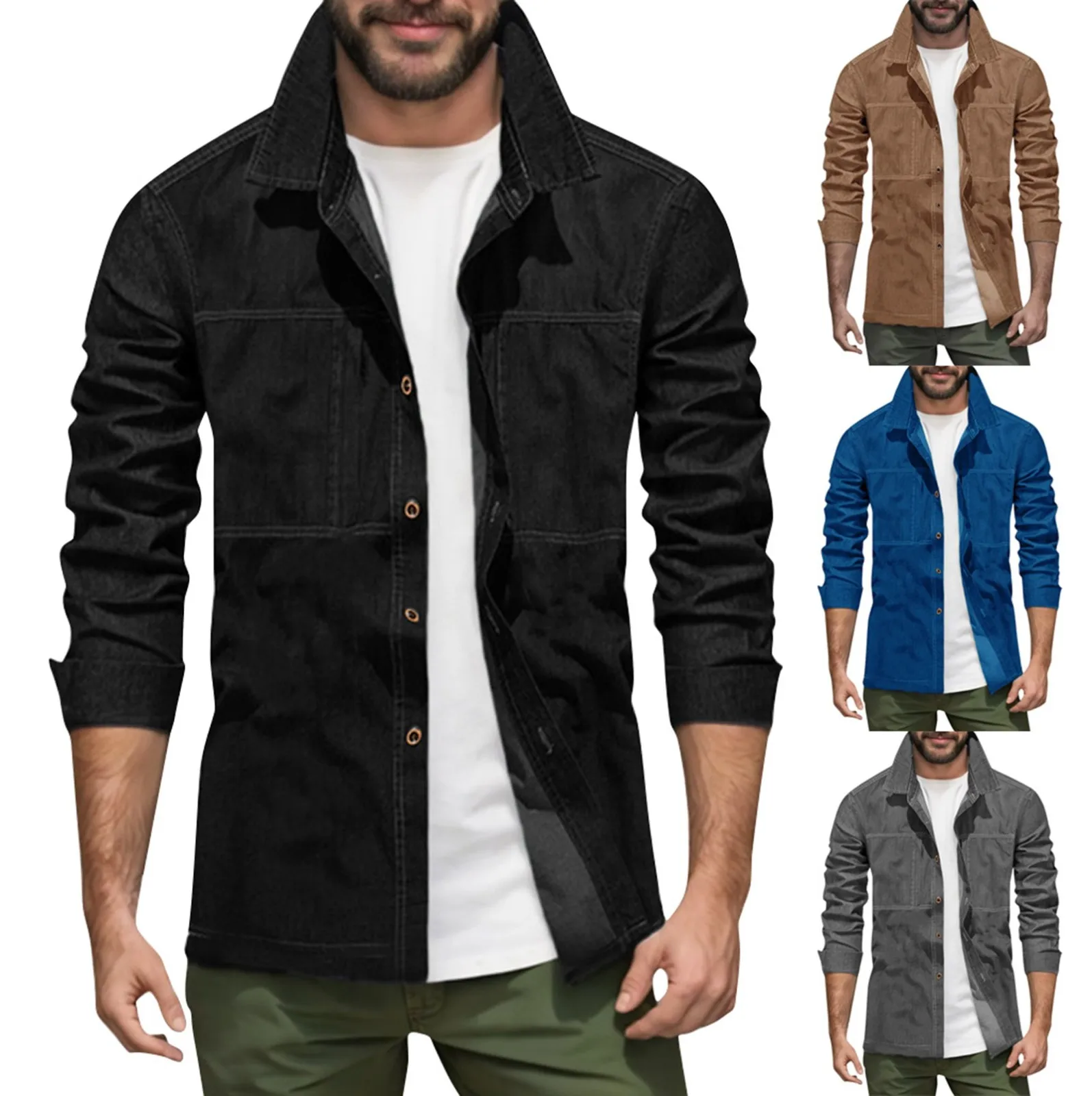 Kemeja Berkerah Denim Slim Fit Pakaian Luar Warna Murni Lengan Panjang Kasual Kemeja Fashion Pria Trendi Gaya Baru Musim Semi Musim Gugur Pria