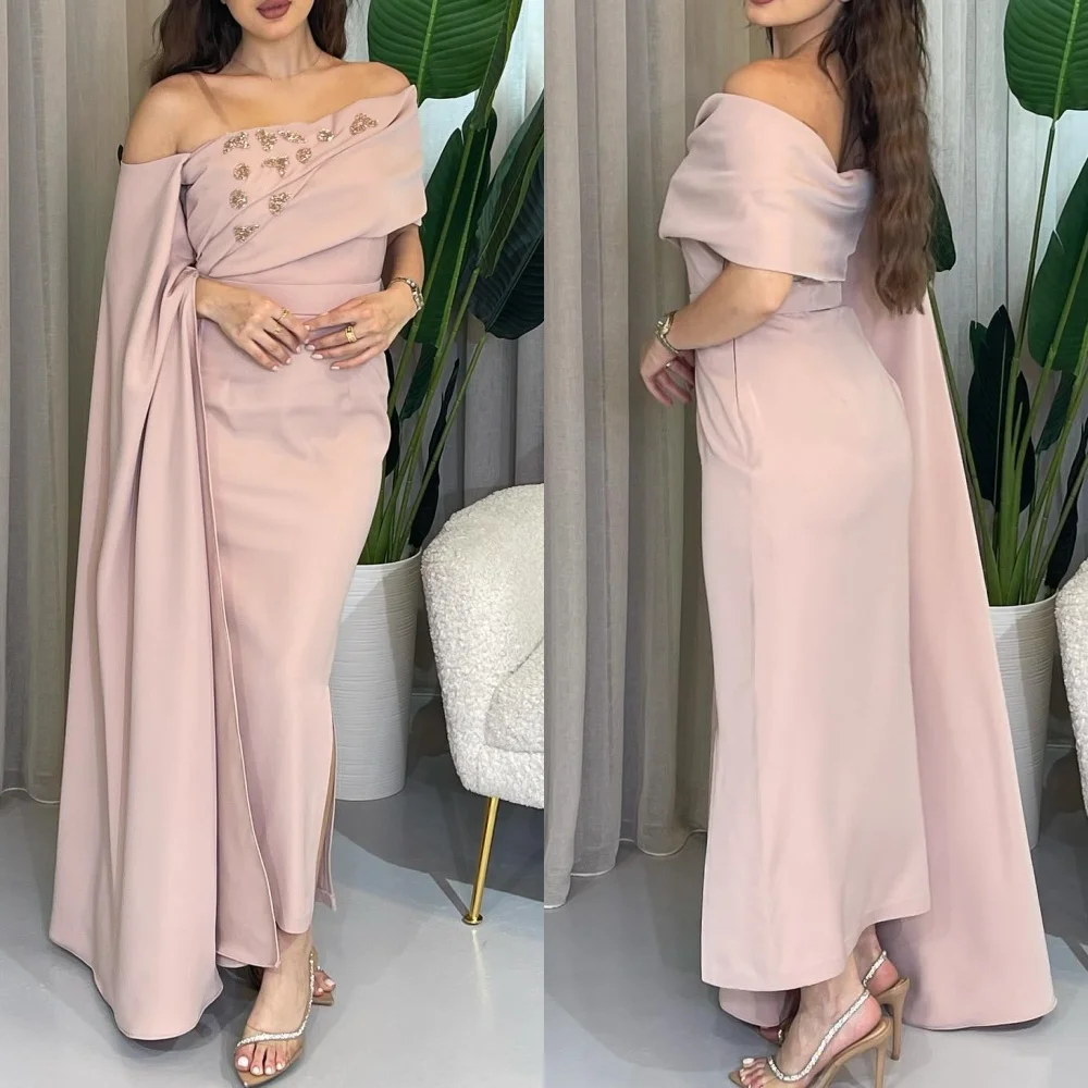 Jersey Beading Draped Pleat Graduation A-line Off-the-shoulder Bespoke Occasion Gown Midi Dresses