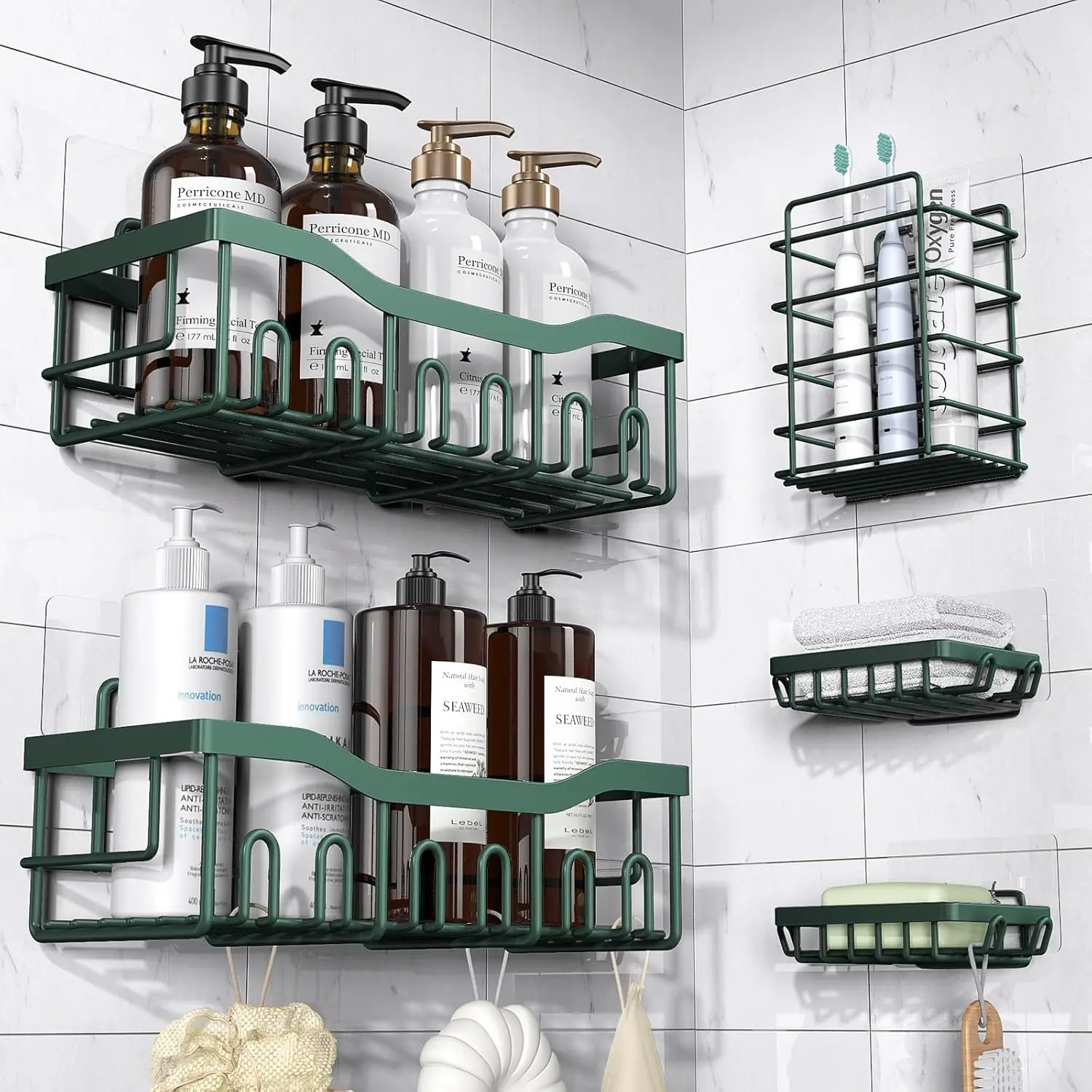 

5-Pack Rustproof Stainless Steel Shower Caddy No-Drill Adhesive Wall-Mounted 2-Tier Organizer Large Capacity Storage 2-Year
