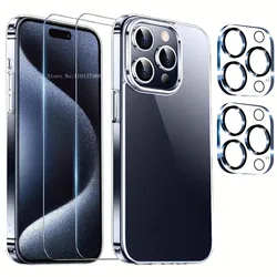 4 In 1 Case For IPhone 16 15 14 13 12 11 Pro Max Mini Plus With 2Pack Tempered Glass Screen Protector Camera Lens ProtectorClear