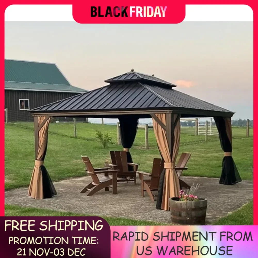 12' x 14' Hardtop Gazebo Outdoor Metal Roof Sun Shade Tent with Curtains and Netting Patio Canopy Permanent Pavilion