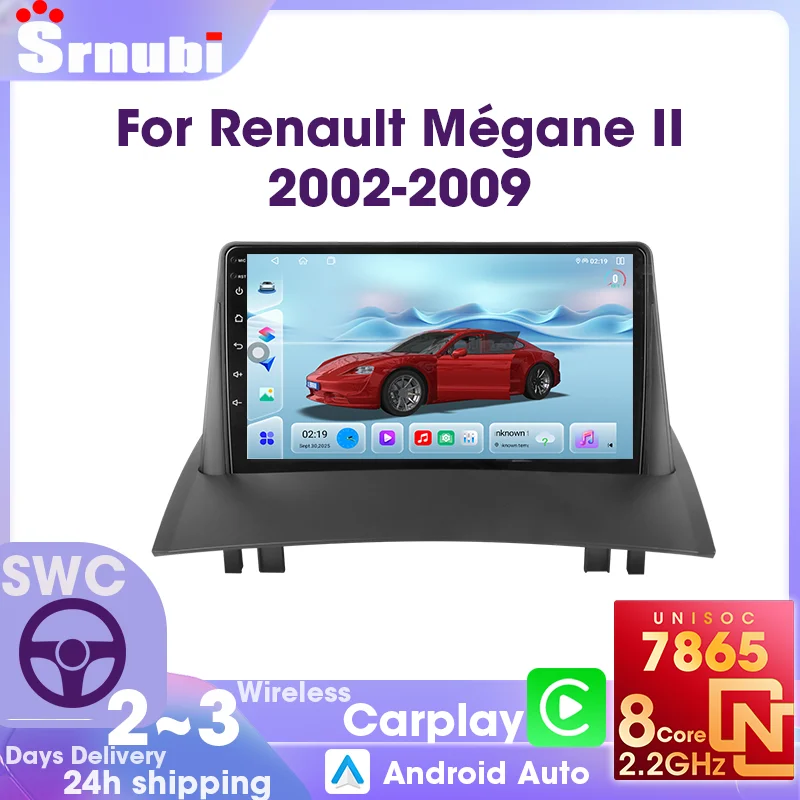 Autoradio 2 Din avec écran tactile QLED, Bluetooth 5.4, Carplay sans fil, Android Auto, navigation GPS, lecteur vidéo multimédia pour Renault Megane Mk2 2002-2009