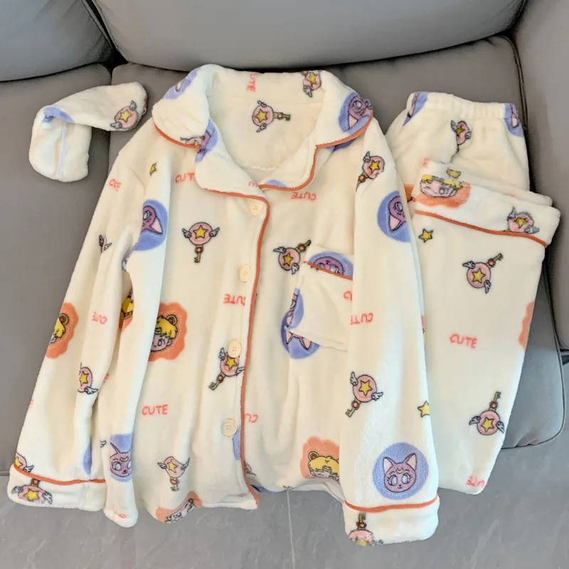 

Japanese Anime Sailor Pajamas Set Autumn Winter Fleece Sleepwear Set Women's Girl Comfortable Nightshirt Wear Home Loungewear