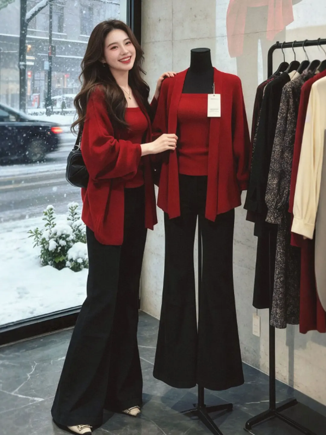 

Модный женский вязаный комплект Laid-ba Sle: уникальный кардиган и топ-труба, красный, весна 2026