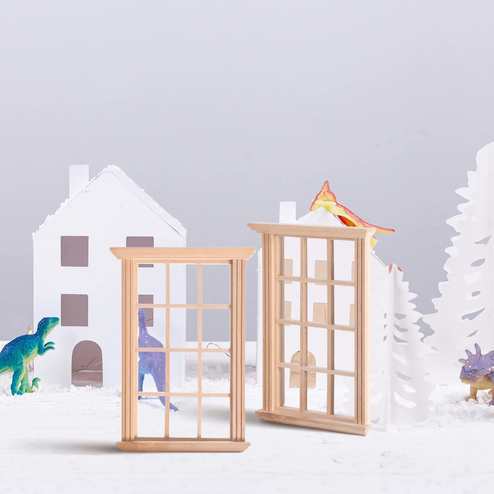 2Pcs Miniature Wooden Window Frames for Dollhouse Furniture Accessories Realistic Unpainted Wood Window Decoration for Mini