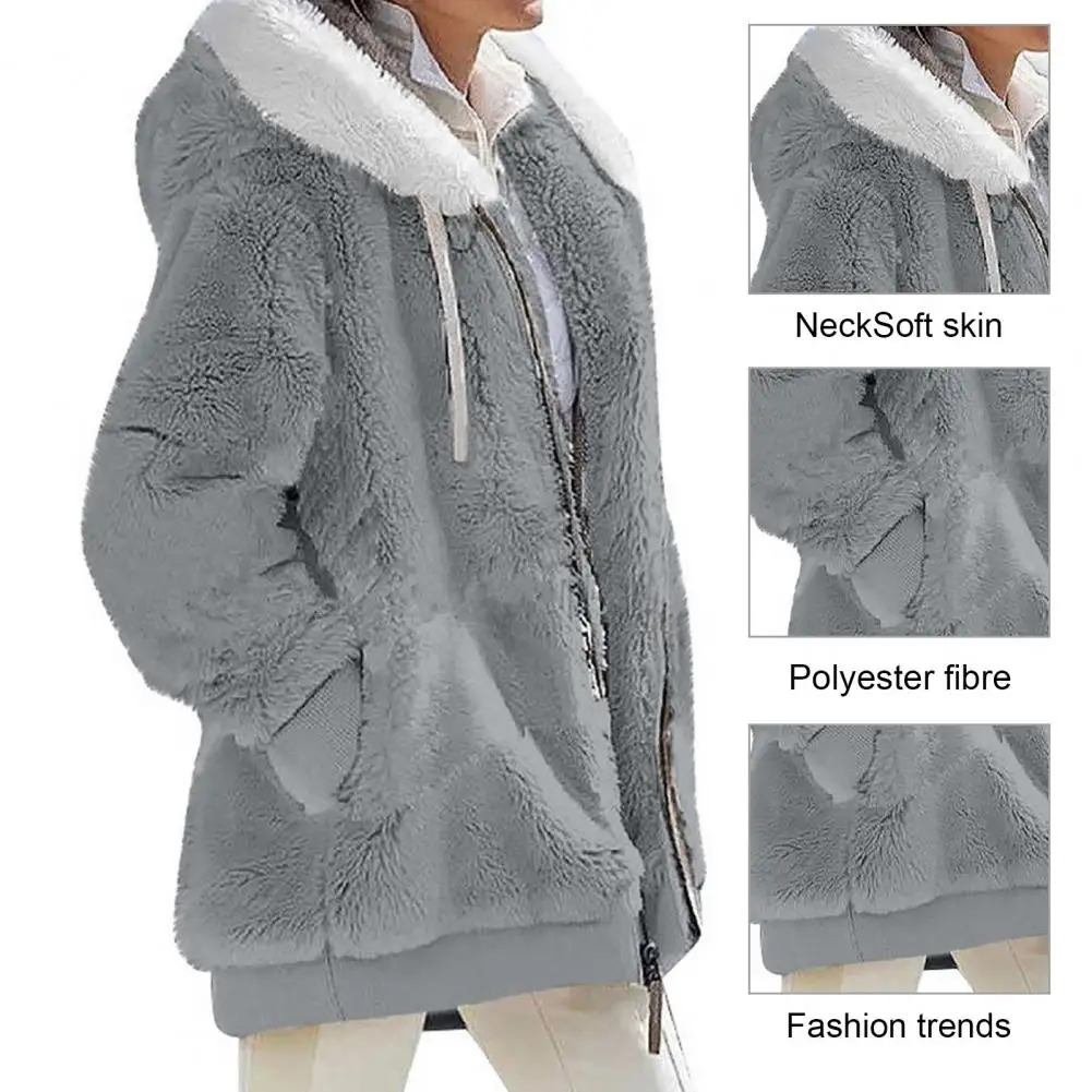 Women Coat Cozy Hooded Plush Winter Coat for Women Windproof Zipper Closure Jacket with Side Pockets Stylish for Weather