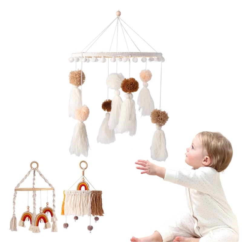 Macrame Rainbow Baby Mobile Boho Bracket Mobile Hanging Rattles Baby Toys Wooden Bed Bell Holder Arm Bracket for Babies Gift