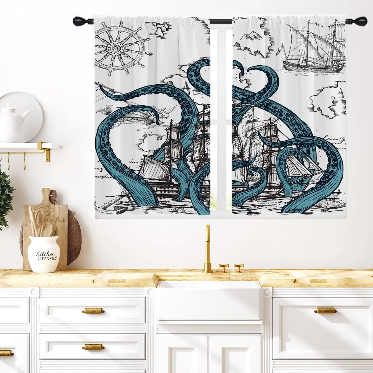 Octopus Kitchen Window Curtains Small Short Mini Cafe Rod Pocket Nautical Coastal Ocean Cool Kraken Gothic Living Bedroom Room