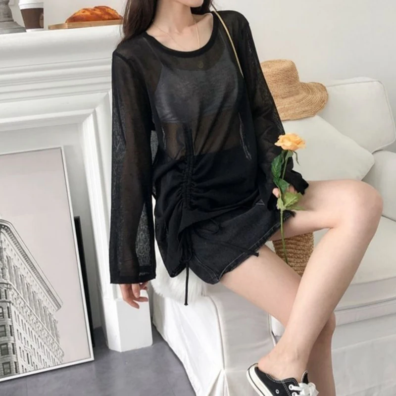Ice Silk Sunscreen T Shirt Women Y2K Sexy Slightly Transparent Ladies Tees Korean Harajuku Shirring Lace Up Loose Top New