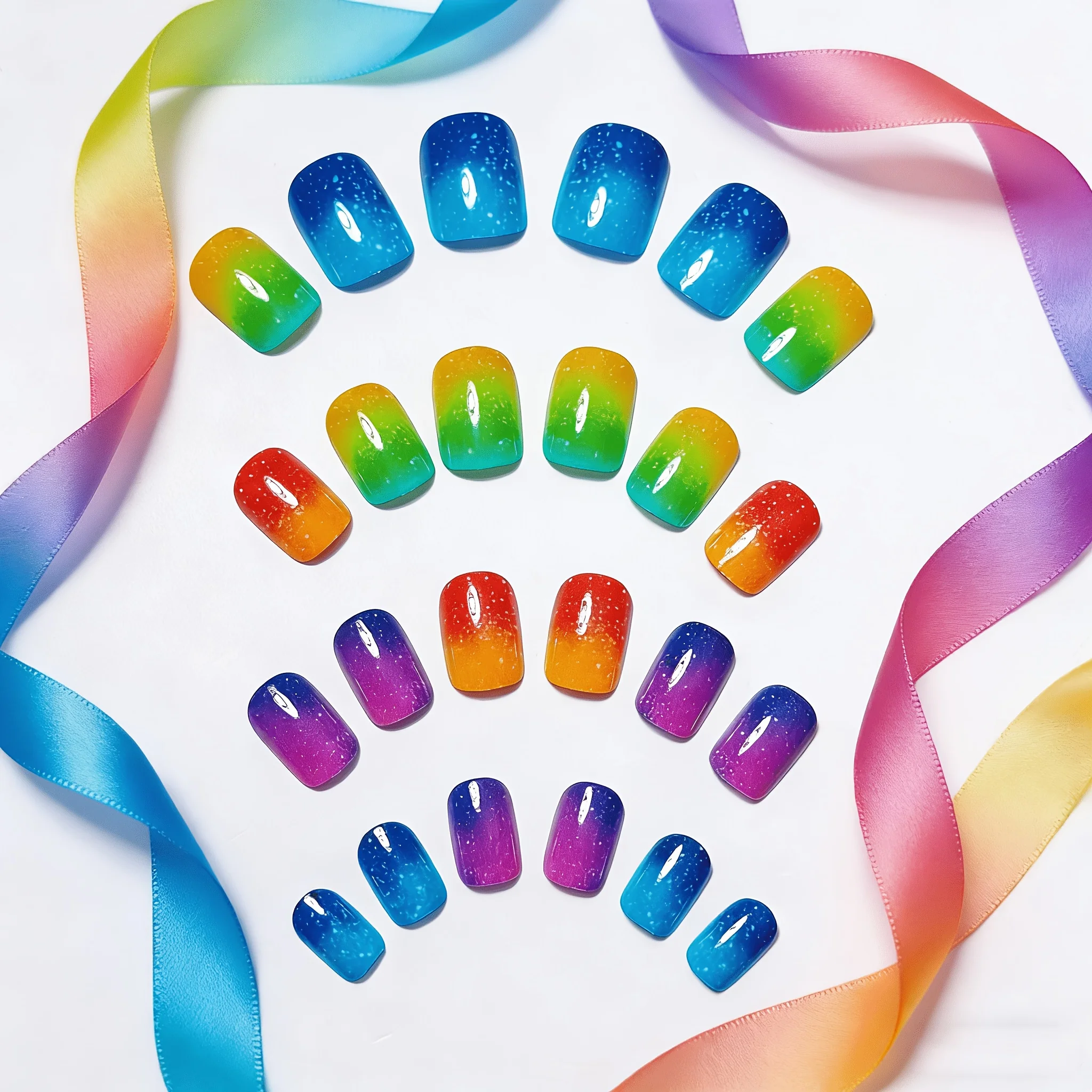 

24Pcs Short Rainbow Pattern Nail Stickers, summer multi-color stripe design, sweet and edgy square fake nails