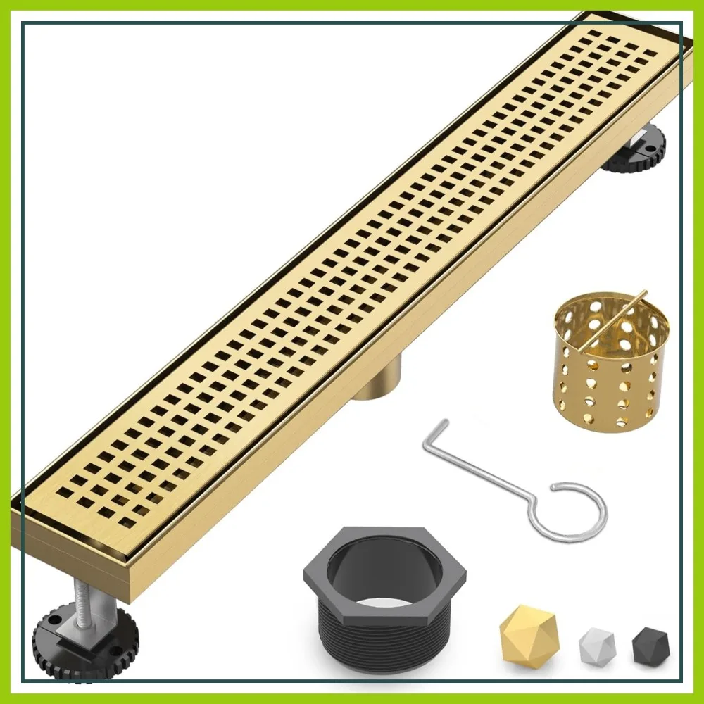 

24 Inch AISI 304 Stainless Steel Linear Shower Drain, Brushed Gold with Removable Grate Cover & Adjustable Feet for Bathroom