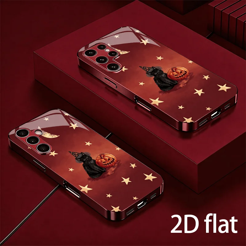 Wine Red Electroplated Glass phone case for Samsung Galaxy S26 S25 Ultra Cover Shockproof Back Shell Black Cat Pumpkin Pattern