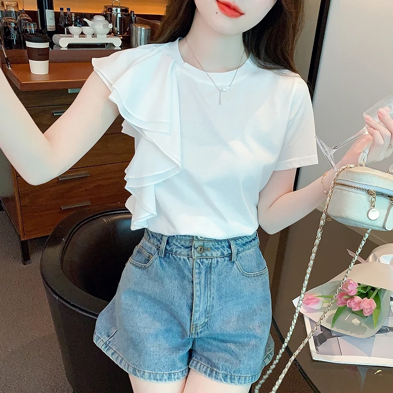 Fashion Butterfly Short Sleeve Ruffle T-shirt 2024 Summer Irregular White T Shirt Women Temperament Unique Round Neck Loose Tops