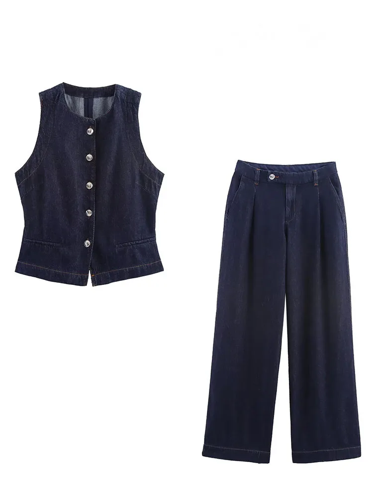 

HH летний женский однотонный джинсовый комплект из 2 предметов, шикарный однобортный топ без рукавов с круглым вырезом, жилет + широкие брюки со средней талией и карманами